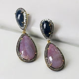 Pave Diamond Sapphire Earrings, Natural Pink and Blue Sapphire Gemstone Earrings, Spiritual Healing Crystal Jewelry, Chakra Jewelry Gifts