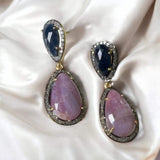 Pave Diamond Sapphire Earrings, Natural Pink and Blue Sapphire Gemstone Earrings, Spiritual Healing Crystal Jewelry, Chakra Jewelry Gifts