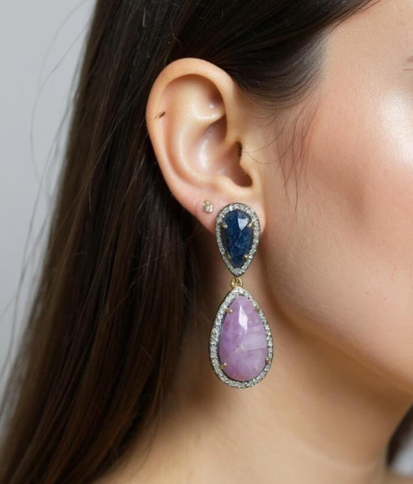 Pave Diamond Sapphire Earrings, Natural Pink and Blue Sapphire Gemstone Earrings, Spiritual Healing Crystal Jewelry, Chakra Jewelry Gifts