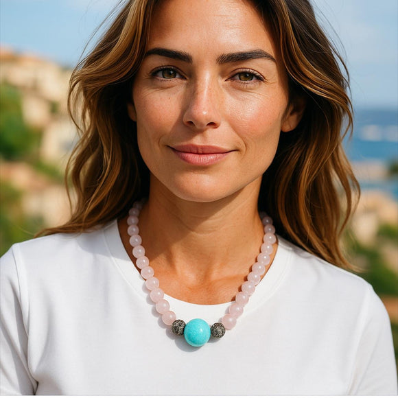 17.45” Rose Quartz and Larimar Pave Diamond Necklace, Spiritual Healing Crystal Necklace, Chakra Gemstone Jewelry, Birthstone Handmade Gifts
