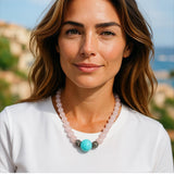 17.45” Rose Quartz and Larimar Pave Diamond Necklace, Spiritual Healing Crystal Necklace, Chakra Gemstone Jewelry, Birthstone Handmade Gifts