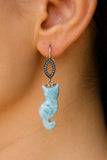 Rare Larimar Cat Earrings, Handcarved Cat Shape Larimar Gemstone Earrings, Pave Diamond Sterling Silver Dangle Earrings, Cat Lover Gifts