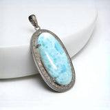 Larimar Gemstone Pendant, Larimar Pave Diamond Pendant, Spiritual Healing Crystal Pendant, Chakra Jewelry, Silver Handmade Jewelry Gifts