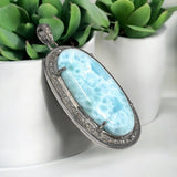Larimar Gemstone Pendant, Larimar Pave Diamond Pendant, Spiritual Healing Crystal Pendant, Chakra Jewelry, Silver Handmade Jewelry Gifts