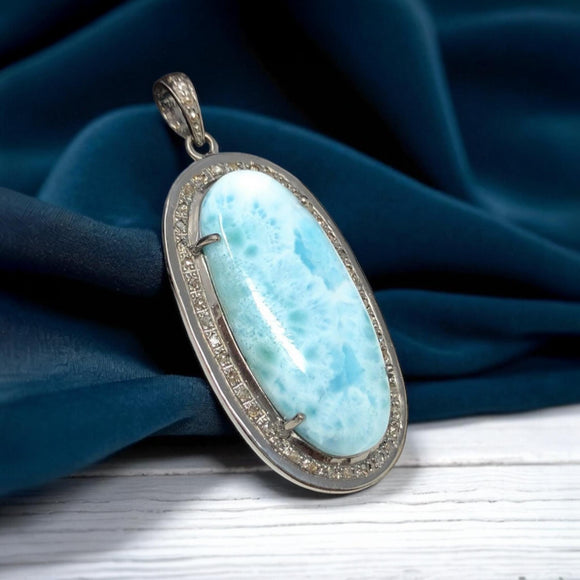 Larimar Gemstone Pendant, Larimar Pave Diamond Pendant, Spiritual Healing Crystal Pendant, Chakra Jewelry, Silver Handmade Jewelry Gifts