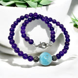 Amethyst and Larimar Pave Diamond Necklace, Amethyst Necklace, Larimar Necklace, Spiritual Healing Chakra Jewelry, Birthstone Necklace Gifts