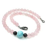17.45” Rose Quartz and Larimar Pave Diamond Necklace, Spiritual Healing Crystal Necklace, Chakra Gemstone Jewelry, Birthstone Handmade Gifts