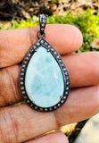 Larimar Gemstone Pendant, Natural Larimar Pave Diamond Pendant, Spiritual Healing Jewelry, Chakra Jewelry, December Birthstone Pendant Gifts