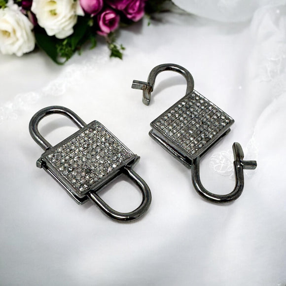 Pave Diamond Lock, Black Rhodium over Sterling Silver Double Sided Clasp and Double Sided Diamonds, 24.5mm x 14mm , 1 Pc