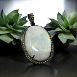 Rainbow Moonstone Pave Diamond Pendant, Silver Gemstone Pendant, Spiritual Healing Crystal Jewelry, Crown Chakra Jewelry, June Birthstone