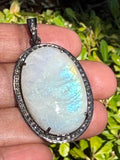 Rainbow Moonstone Gemstone Pendant, Diamond Pendant, Gemstone Pendant, Pave Diamond Pendant, Moonstone Pendant, Sterling Silver Jewelry