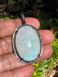 Rainbow Moonstone Pave Diamond Pendant, Silver Gemstone Pendant, Spiritual Healing Crystal Jewelry, Crown Chakra Jewelry, June Birthstone