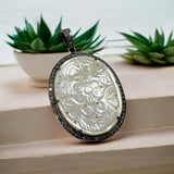 Mother of Pearl Pave Diamond Pendant, Nacre Gemstone Pendant, Healing Chakra Pendant, Chakra Jewelry, June Birthstone Jewelry Gifts