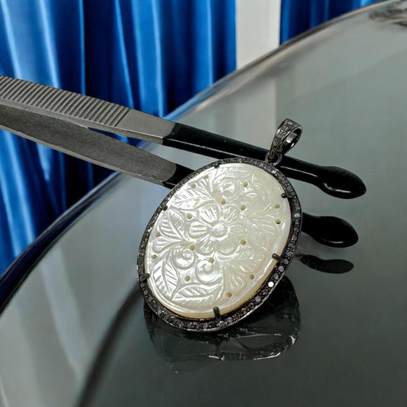 Mother of Pearl Pave Diamond Pendant, Nacre Gemstone Pendant, Healing Chakra Pendant, Chakra Jewelry, June Birthstone Jewelry Gifts