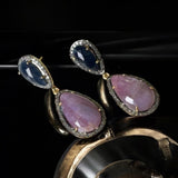 Pave Diamond Sapphire Earrings, Natural Pink and Blue Sapphire Gemstone Earrings, Spiritual Healing Crystal Jewelry, Chakra Jewelry Gifts