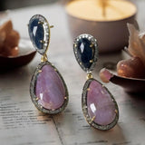 Pave Diamond Sapphire Earrings, Natural Pink and Blue Sapphire Gemstone Earrings, Spiritual Healing Crystal Jewelry, Chakra Jewelry Gifts