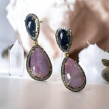 Pave Diamond Sapphire Earrings, Natural Pink and Blue Sapphire Gemstone Earrings, Spiritual Healing Crystal Jewelry, Chakra Jewelry Gifts