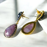 Pave Diamond Sapphire Earrings, Natural Pink and Blue Sapphire Gemstone Earrings, Spiritual Healing Crystal Jewelry, Chakra Jewelry Gifts