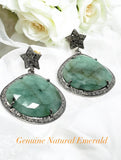 Genuine Emerald Pave Diamond Earrings, Natural Gemstone Earrings, Victorian Jewelry Gifts for Her