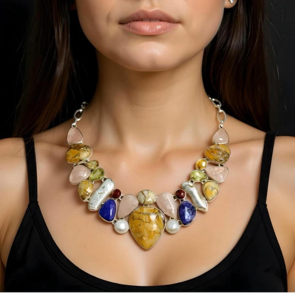Multi Gemstone Bib Necklace , Spiritual Healing Crystal Cluster Necklace, Sterling Silver Adjustable Necklace, Chakra Jewelry Gifts for Her