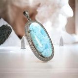 Larimar Gemstone Pendant, Larimar Pave Diamond Pendant, Spiritual Healing Crystal Pendant, Chakra Jewelry, Silver Handmade Jewelry Gifts