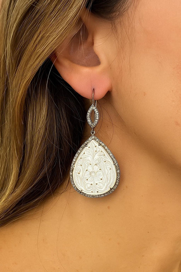 Mother of Pearl Pave Diamond Earrings, Natural Gemstone Nacre Earrings, Sterling Silver Jewelry Gifts for Her, 2.65”x1.25”