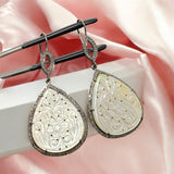 Mother of Pearl Pave Diamond Earrings, Natural Gemstone Nacre Earrings, Sterling Silver Jewelry Gifts for Her, 2.65”x1.25”
