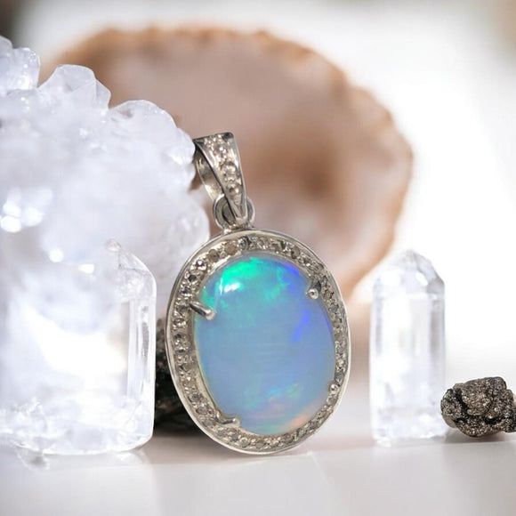 Ethiopian Opal Diamond Pendant, Sterling Silver Opal Gemstone Pendant, Spiritual Healing Chakra Jewelry, October Birthstone Crystal Pendant