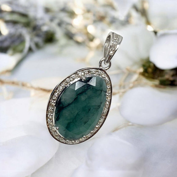 Emerald Diamond Pendant, Sterling Silver May Birthstone Jewelry, Spiritual Healing Heart Chakra Crystal Pendant, Gifts for Her 1.40” x 0.75”