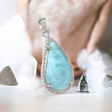 Larimar Gemstone Diamond Pendant, Sterling Silver Chakra Jewelry, Spiritual Healing Crystal Pendant, December Birthstone Gifts for Her