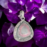 Watermelon Tourmaline Diamond Pendant, Gemstone Pendant, Sterling Silver Watermelon Tourmaline Slice Pendant, October Birthstone Jewelry