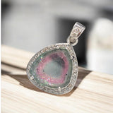 Watermelon Tourmaline Diamond Pendant, Gemstone Pendant, Sterling Silver Watermelon Tourmaline Slice Pendant, October Birthstone Jewelry
