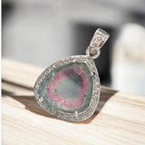 Watermelon Tourmaline Diamond Pendant, Gemstone Pendant, Sterling Silver Watermelon Tourmaline Slice Pendant, October Birthstone Jewelry