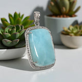 Larimar Gemstone Pendant, Larimar Pave Diamond Sterling Silver Pendant, Spiritual Healing Energy Pendant Chakra Jewelry, December Birthstone