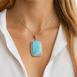 Larimar Gemstone Pendant, Larimar Pave Diamond Sterling Silver Pendant, Spiritual Healing Energy Pendant Chakra Jewelry, December Birthstone