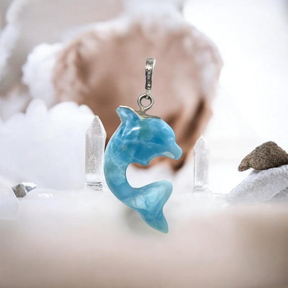 Larimar Dolphin Pendant - 14g Silver Pave Diamond Larimar Pendant , Spiritual Emotional Healing Chakra Jewelry, December Birthstone Gifts