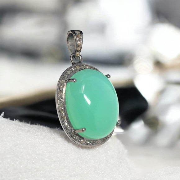 Chrysoprase Gemstone Pendant, Silver Diamond Jewelry, Spiritual Healing Crytsal Pendant, Chakra Jewelry, May Birthstone Pendant Gifts
