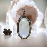 Rainbow Moonstone Gemstone Pendant, Diamond Pendant, Silver Pendant, Pave Diamond Pendant, Moonstone Pendant, Sterling Silver Jewelry