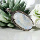 Rainbow Moonstone Gemstone Pendant, Diamond Pendant, Silver Pendant, Pave Diamond Pendant, Moonstone Pendant, Sterling Silver Jewelry