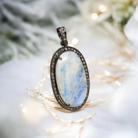 Rainbow Moonstone Gemstone Pendant, Diamond Pendant, Silver Pendant, Pave Diamond Pendant, Moonstone Pendant, Sterling Silver Jewelry