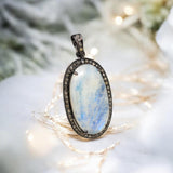 Rainbow Moonstone Gemstone Pendant, Diamond Pendant, Silver Pendant, Pave Diamond Pendant, Moonstone Pendant, Sterling Silver Jewelry