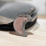 Strawberry Quartz Gemstone Pendant, Moon Crescent Diamond Pendant: Silver, Spiritual Healing Crystal Pendant, Heart Chakra Jewelry