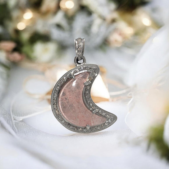 Strawberry Quartz Gemstone Pendant, Moon Crescent Diamond Pendant: Silver, Spiritual Healing Crystal Pendant, Heart Chakra Jewelry
