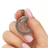 Strawberry Quartz Pendant, Gemstone Pendant, Diamond Pendant, Silver Pendant, Moon Crescent Diamond Pendant, Sterling Silver Moon Jewelry