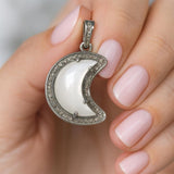 White Moonstone Pendant, Gemstone Pendant, Diamond Pendant, Silver Pendant, Moon Crescent Diamond Pendant, Sterling Silver Moonstone Jewelry