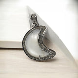 White Moonstone Gemstone Pendant, Moon Crescent Silver Diamond Pendant, Spiritual Healing Crystal Jewelry, Chakra Jewelry, June Birthstone