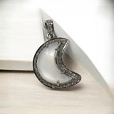 White Moonstone Pendant, Gemstone Pendant, Diamond Pendant, Silver Pendant, Moon Crescent Diamond Pendant, Sterling Silver Moonstone Jewelry