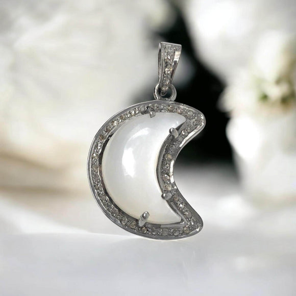 White Moonstone Pendant, Gemstone Pendant, Diamond Pendant, Silver Pendant, Moon Crescent Diamond Pendant, Sterling Silver Moonstone Jewelry