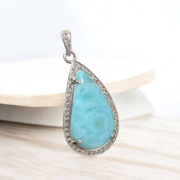 Larimar Gemstone Diamond Pendant, Sterling Silver Chakra Jewelry, Spiritual Healing Crystal Pendant, December Birthstone Gifts for Her