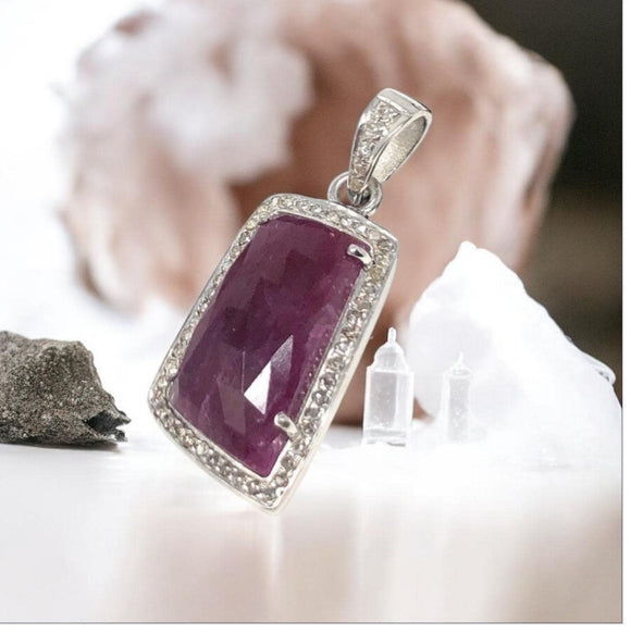 Natural Ruby Diamond Pendant, Gemstone Pendant, Sterling Silver Pendant, Pave Diamond Pendant, Genuine Ruby Jewelry Gifts for Her